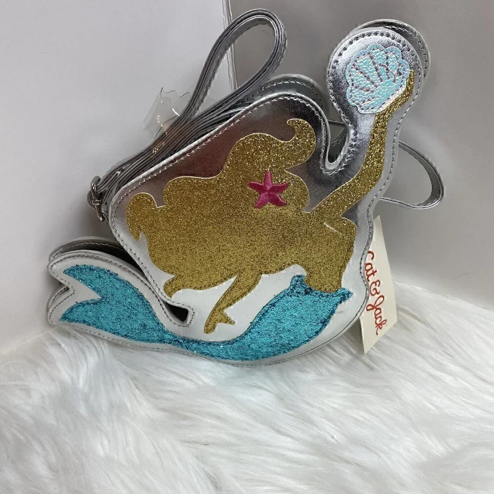 NEW Cat & Jack Mermaid Shell Purse Glitter Metallic Silver Turquoise Vinyl